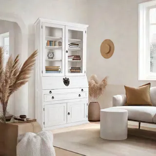 Großer weißer Sekretär im Landhausstil - Pinie Massivholz