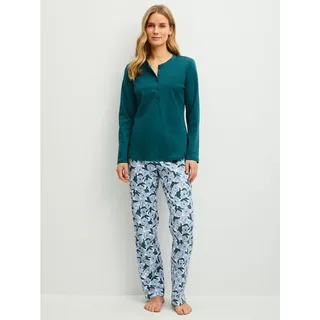 CALIDA Schlafanzug Midnight Flowers (2 tlg) mit Rundhalsausschnitt und Knopleiste blau M (44/46)