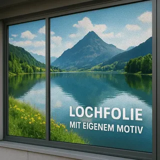 Perforierte Fensterfolie selbst gestalten – Lochfolie mit Logo und Firmenaufdruck – Von innen durchsichtig, von außen Werbung – Öffnungszeiten & Layout frei konfigurieren – Mit Vorschau