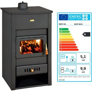 Kaminofen, Holzofen Wasserführend Prity, Modell K2 CP W13, Obere Platte aus Gusseisen, Leistung 15kW