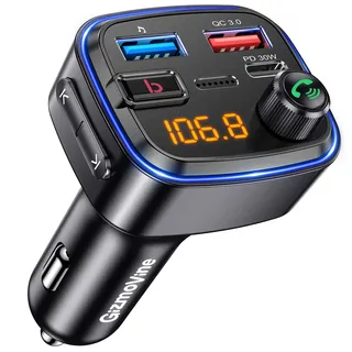 Bluetooth Adapter Auto,FM Transmitter mit HiFi Bass Sound,Autoradio Adapter | KFZ Freisprecheinrichtung, USB C QC PD 30W, 12 Volt Car Radio Zigarettenanzünder Stecker, MP3 Musik Player