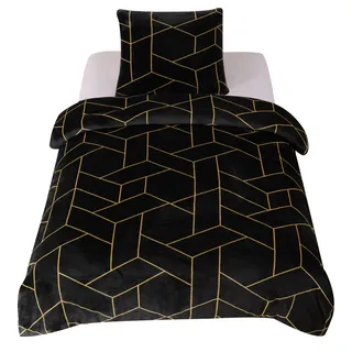 one-home Winter Bettwäsche geometrisch schwarz Gold modern Teddy Plüsch Cashmere Touch Nicki Coral Fleece Flauschig Kuschelig Warm Weich, Größe: 135x200 cm