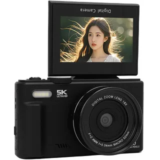 Akozon 5K 75MP Digitalkamera UHD AF Autofokus 18x Zoom WiFi Camera Webcam mit 3 Zoll 180 ° Flip -Bildschirm Blitz für Reise -Vlogging (64GB)