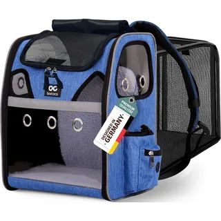 BARCOCO - Katzenrucksack mit Fenster - Erweiterbar Katzenrucksack für große Katzen & kleine Hunde - Atmungsaktiver Katzen Rucksack mit weicher Polsterung - Robust für sicheren Transport (Blau)