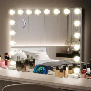 eklipt Schminkspiegel mit Beleuchtung 80x60cm Hollywood Spiegel mit Beleuchtung Tischspiegel 18 LED Licht 3 Lichtfarben Wandspiegel mit USB 10X Vergrößerung Touch Control Tischplatte & Wandhalterung