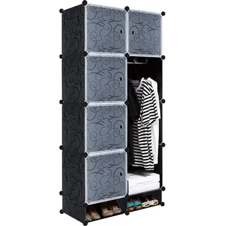 TRMLBE Kleiderschrank Schwarz DIY Regalsystem aus Kunststoff Garderobenschrank Steckregal Steckregalsystem mit Tür Kunststoffschrank (8 Würfeln, ... - Schwarz