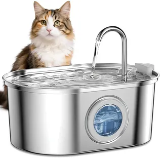 AQXONG Trinkbrunnen für Haustiere aus Edelstahl, 3.2L Trinkbrunnen für Katzen, Ultraleiser Katzenbrunnen mit LED Licht, 4 Filterpatronen + 2 Filterwatte, Trinkbrunnen für Katzen und Hunde
