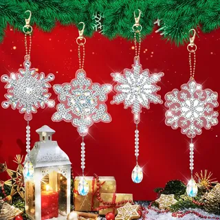 Meanju Diamond Painting Weihnachten Anhänger Schneeflocken 4 Stück,Diamant Painting Weihnachten,5DWeihnachten Diamond Schlüsselanhänger Beidseitig,Schneeflocken DIY