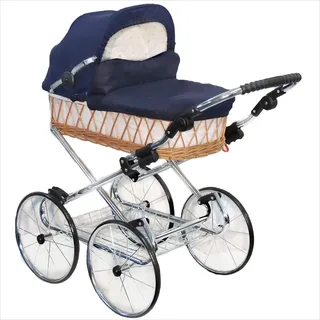 EICHHORN Korbkinderwagen - Retro Chrom / Stoff Marineblau - Weide Braun K041