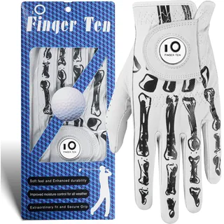 FINGER TEN Golfhandschuhe Herren Weiches Cabretta Leder für Linke Rechte Hand 1 Pack Mit Magnetischem Ballmarker, Stylische Atmungsaktive Golfhandschuhe (Schwarz-Weiß, ML, Links)