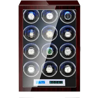 HCZKIUJY Uhrenbeweger für 3/4/6/9/12 Automatikuhren, selbstaufziehende Uhrenbox, LCD-Touchscreen, leiser Motor, LED-Licht, 5 Rotationsmodi, für Herren- und Damenuhren, PU-Lederkissen (Svart-12 Watch)