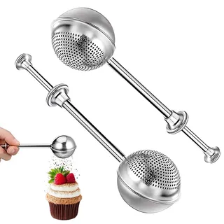 2 kleine Mehl-Staubwedel, einziehbarer Löffel, Mehlsieb, Edelstahl, Puderzucker, Puderstreuer, Pulversieb, für Kicthen Backwerkzeuge