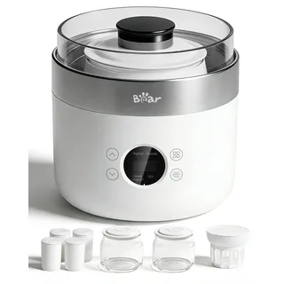 Bear Joghurtbereiter Joghurt- und Frischkäsebereiter, inkl. 4 Keramik Portionsbecher à 125 ml, 2 XXL Glasbehälter à 1 Liter, 4 voreingestellte Programme für Griechischer Joghurt, Käse