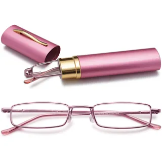 VEVESMUNDO Kleine Lesebrille Blaulichtfilter Lesehilfe mit Etui | Mini Schmal Faltbar Klappbar Lesebrillen, Kompakte Metall Klappbrille, Kleine Reise Brillen für unterwegs für Herren Damen - Kleine Lesebrille mit Etui