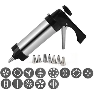 Fonyiunce Gebäckspritze, Edelstahl-Gebäckpresse, Edelstahl-Gebäckpresse mit 13 Vorlagen und 8 Düsen, Teigspritze Tragbare Gebäckpresse, DIY-Kekspresse, Kuchen, Keksbackzubehör