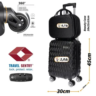 2 tlg Hartschalen Kofferset Reisekoffer Trolley Koffer TSA Kosmetiktasche Beutel - Schwarz