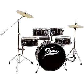 Fame Schlagzeug Practice Set, Inklusive Cymbals und Hocker, Kompaktes Drum-Set mit 20 Zoll BassDrum, Mischholz Kessel, Hochglanz Schwarz, Inklusive Hardware und Aufbauanleitung, Ideal für Zuhause und