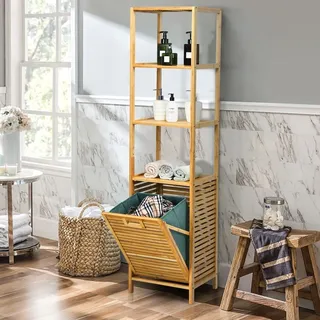 komfotteu Hochschrank Badschrank 3 Fächer 80 x 30 x 90 cm Beige Bambus