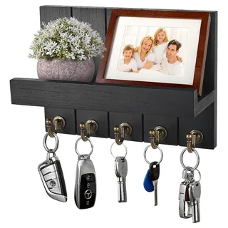 NUODWELL Schlüsselbrett Schlüsselbrett aus Holz, Schlüsselhalter mit Ablage und 5 Haken, Schlüsselbrett für Eingangsbereich, Haustür, Flur, Schlafzimmer schwarz