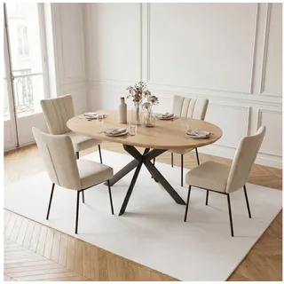 Jiexi Essgruppe Esstisch ausziehbar rund bis oval MDF-Platte mit Samtstühlen beige