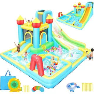 Aufblasbare Wasserrutsche Hüpfburg mit Gebläse für Kinder 3-12 Jahre, Trocken-/Wasserrutsche, Wasserpark mit 2 Rutschen, Planschbecken & Schwimmbecken, Basketballkorb, Wasserkanone