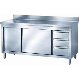 Trento Edelstahl Arbeitsschrank PREMIUM 1400 x 700 mm mit 3 Schubladen rechts & Aufkantung