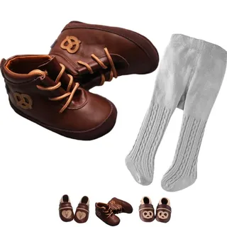 Set: Dunkelbraune Baby Lederschuhe mit Brezel Applikation und hellgraue Strumpfhosen mit Zopfmuster Gr. 18/19 passend zu Baby Trachten und Lederhosen. - 6-12 Monate