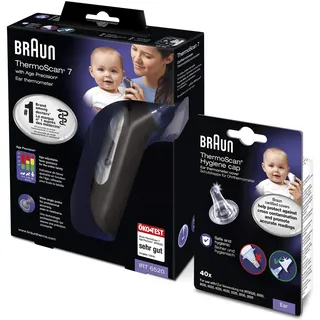 Braun ThermoScan 7 Ohrthermometer mit Age Precision - Black Edition und Braun Ersatzschutzkappen für Braun Thermoscan Thermometer, 40 Stück