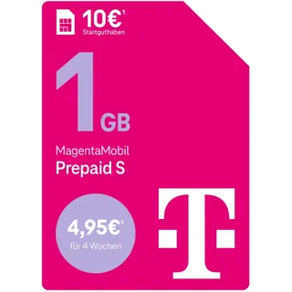 Deutsche Telekom MagentaMobil Prepaid S mit 1 GB Highspeed-Volumen I Surfen mit 5G/ LTE Max & Flat ins Mobilfunknetz (Min., SMS) + 50 Freiminuten in alle Anderen dt. Netze I 10 EUR Startguthaben