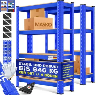 Masko MASKO® 2er-Set Lagerregal Schwerlastregal, Kellerregal, verstellbare Ablagen, MDF-Platten Regal aus Metall, Steckregal, Werkstattregal, Keller, Garage