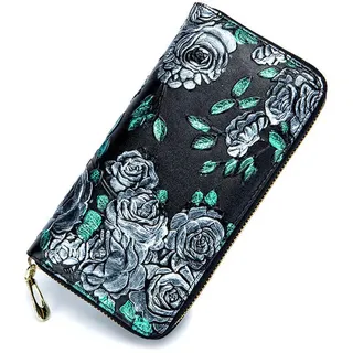 Lange Echtleder Geldbörsen für Frauen Mädchen Lange 3D Stereo Echtleder Geldbörsen 8 Kartenfächer, 2 Geldscheinfächer, 2 Brieftaschen, 1 Reißverschlussfach und 1 Tasche für Handy Silber