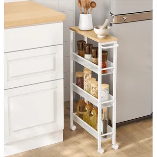 VASAGLE Rollwagen, Nischenregal auf Rollen, mit 4 Ebenen, für kleine Räume, 13cm Tiefe, Weiß - Weiß