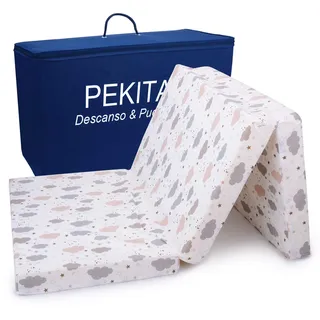 PEKITAS Matratze Klapp Reisebett 60x120 cm Höhe 6 cm für Baby Reisebettmatratze Bezug Waschbar Zusammenklappbar Transporttasche inklusive Clouds