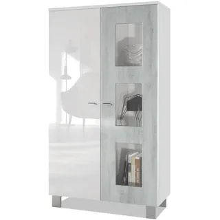 Vladon Standvitrine Denjo 71 x 129 x 35 cm Weiß matt/ Weiß Hochglanz/ Grau
