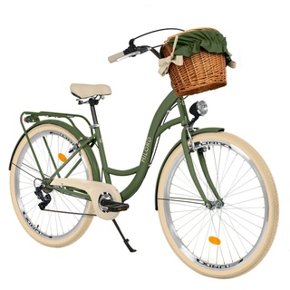 MILORD BIKES Cityrad Milord City Fahrrad Weidenkorb Damen, 28/26 Zoll, Grün-Creme, 7-Gang, 7 Gang Shimano, Kettenschaltung grün