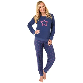 Damen Frottee Pyjama Langarm Schlafanzug mit Bündchen und Sterne Optik - 291 201 13 942, Farbe:blau, Größe:36/38 - 36-38