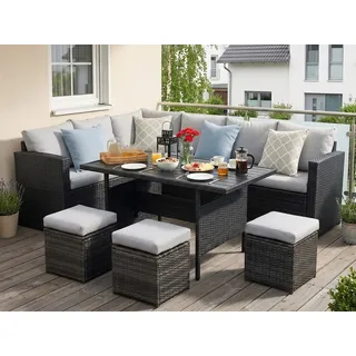 MeXo Gartenlounge-Set Lounge Gartenmöbelset für 8-10 Personen, (Outdoor Garten-Essgruppe, 7-tlg., 8cm breitere Armlehnen, pflegeleichte Polywood-Tischplatte), Belastbarkeit pro Sitzplatz bis zu 140kg, für Terrasse Garten grau|schwarz