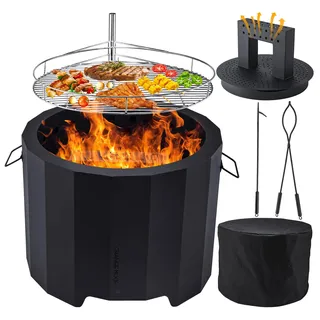 CHANGEMOORE Rauchfreie Feuerschale, 50 cm großer Feuerstellenofen für den Außenbereich mit dreifacher Verbrennung und abnehmbarem Aschebehälter, Feuerstellenabdeckung, Grill, Schürhakenset