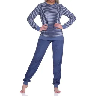 normann Damen Frottee Pyjama Langarm Schlafanzug mit Bündchen in Streifenoptik, Farbe:Marine, Größe:48/50 - 48-50