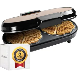 Bestron Doppel-Waffeleisen für klassische Herzwaffeln, Waffelmaker mit Backampel & Antihaftbeschichtung, 1.200 Watt, Farbe: Kupfer
