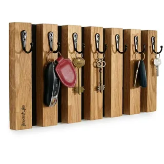 FLEXISTYLE Lamellen Schlüsselbrett Garderobenleiste Holz, Eiche, Hakenleiste, Kleiderhaken, Wandhaken, Edelstahl, Wandgarderobe, Garderobenpaneel, für Flur, Kinderzimmer, Schlafzimmer (40cm 7 Haken)