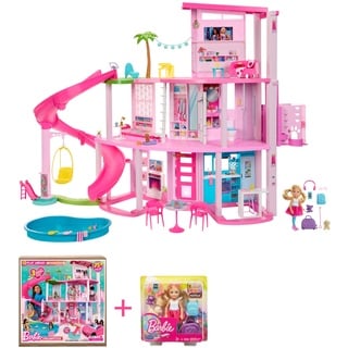 Barbie Bundle Pack - Puppenhaus (HMX10) + Chelsea Puppe (FWV20) Traumvilla Spielset mit 75 Bausteinen und Rutsche über 3 Stockwerken, Haustierlift und Reisehündchen, für Kinder ab 3 Jahren