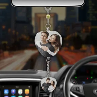 Personalisierter Foto Kristall Doppelherz Schlafzimmer Dekorationsanhänger Benutzerdefiniertes Bild-Auto-Rückspiegel-Anhänger, Hängende Ornamente Dekoration