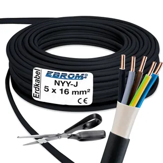 EBROM Erdkabel NYY-J 5x16 mm2 - Starkstromkabel - PVC Erdleitung - schwarz - Meterware auf den Meter genau - Auswahl in 1 Meter Schritten, viele Längen - NYY-J 5x16 mm2 - Ihre Länge: 75 Meter