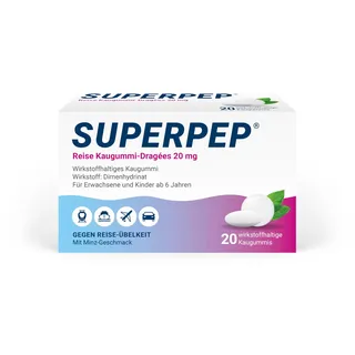 SUPERPEP Reise Kaugummi Dragees - Gegen Reiseübelkeit und Motion Sickness ohne Schläfrigkeit - Für Erwachsene und Kinder ab 6 Jahren - 20 Stück