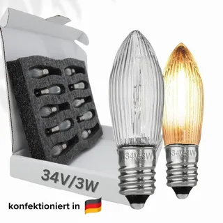 Berglicht 10x Glühbirne 'Berglämpl' E10 34V/3W Riffelkerze Spitzkerze Topkerze Glühlämpchen für Schwibbogen und Lichtbögen, Gelbglühend