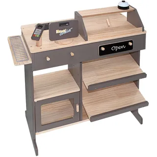howa Kaufladen - Kaufmannsladen aus Holz, mit Spielkasse und Spielzeugkartenleser, Tafel für Kreide, Vitrine, Klingel, Holzspielzeug Natur/Taupe 4755