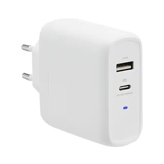 Amazon Basics GaN-Wandladegerät mit 2 Anschlüsse, 63 W, 1 USB-C-Port mit 45 W und 1 USB-A-Port mit 18 W, für Laptops, Tablets und Handys mit Stromversorgung, Weiß (Nicht PPS), 6,6 x 2,94 x 6,24 cm