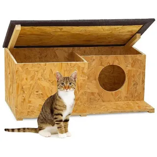 QLS Katzenhaus OSB – Wetterfester Outdoor-Rückzugsort mit Bitumendach & Schutzwand, 59x37x27 cm, Braun – Fertig montiert