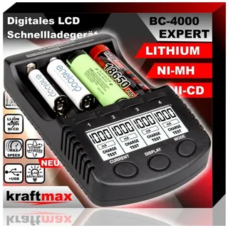 kraftmax BC-4000 Expert – Universelles Akku Ladegerät für AA/AAA NiMH & NiCd SMART Li-Ion Technology, Innenwiderstandsmessung, LCD Display & Refresh-Funktion